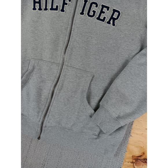 Tommy Hilfiger Hoodie Mens XL Gray Spell Out Zip Drawstring Street Casual Y2K - Picture 5 of 14